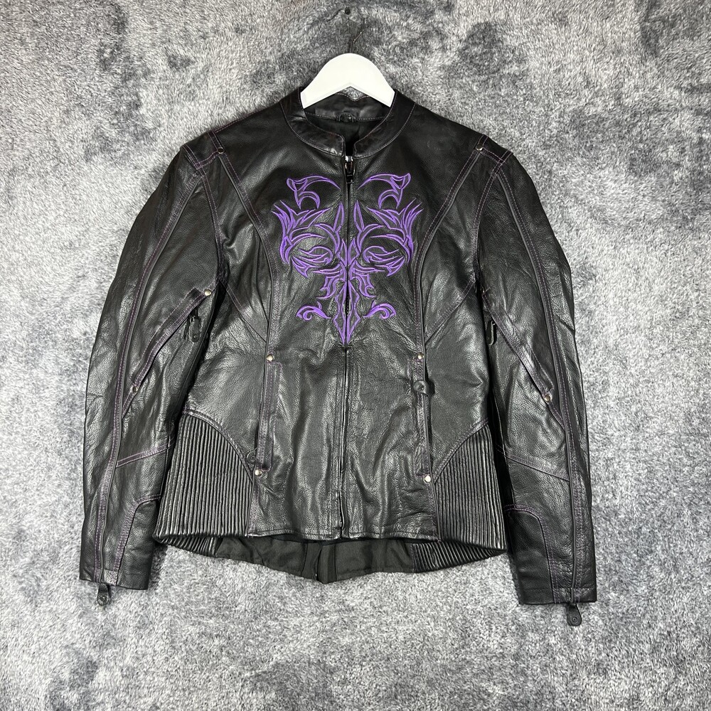 Speed & Strength Jacket Mens S Black Leather Motorcycle Embroidered Purple Trim
